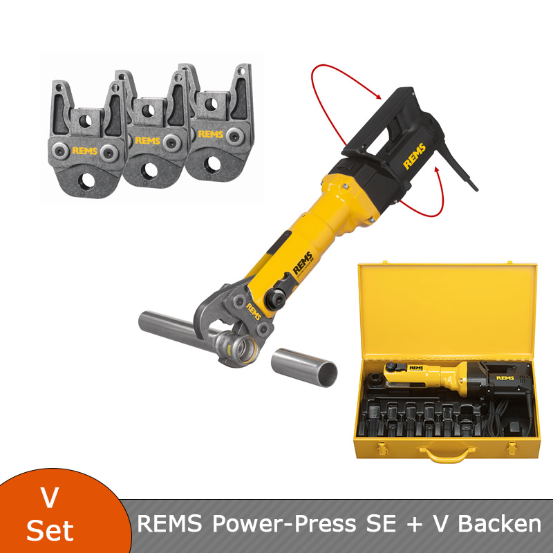 REMS Power-Press SE Radial-Pressmaschine Basis-Pack mit Koffer - 572111 + 3 Stk. REMS Presszangen V Kontur nach Wahl