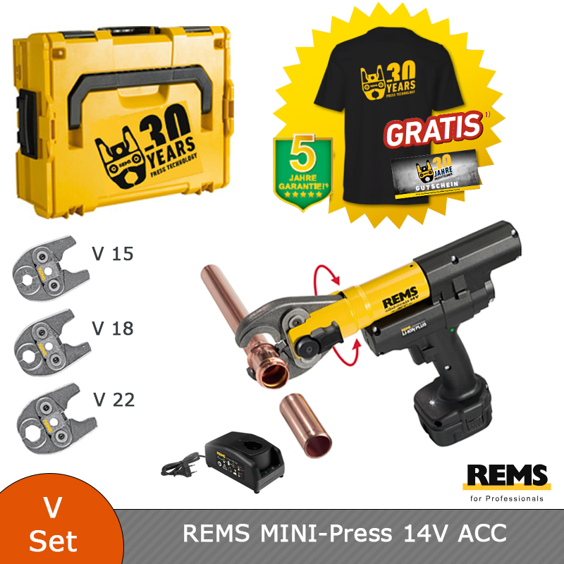 REMS Mini-Press 14V ACC B-P L-Boxx +T-Shirt +Gutschein DEU mit 3 Stück mini Rems Presszange/Pressbacke V 15 V 18 und V 22