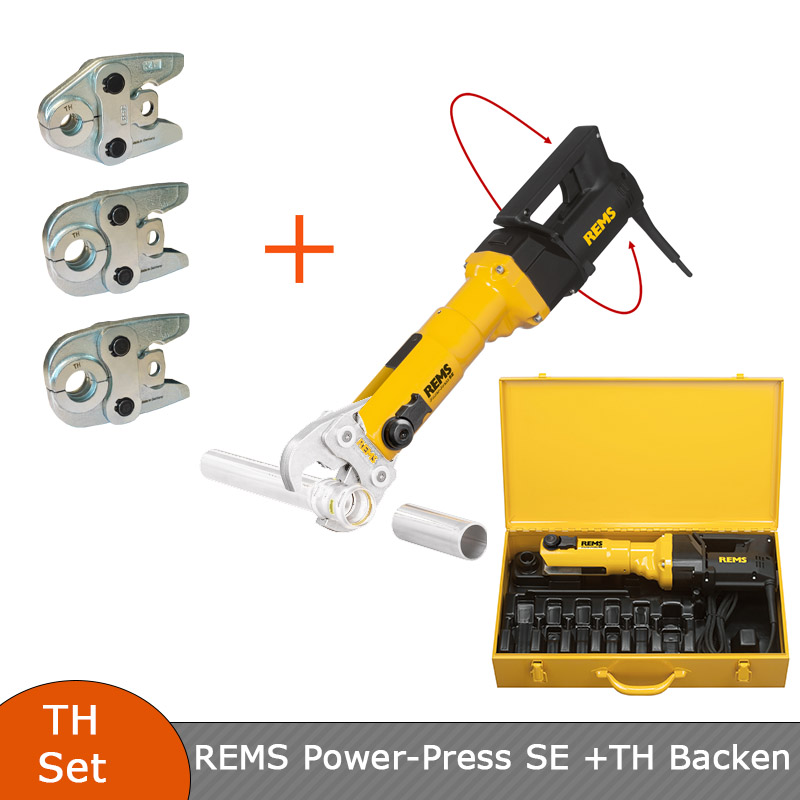 REMS Power-Press SE Radial-Pressmaschine Basis-Pack mit Koffer - 572111 + 3 Stk. VERLEGEHILFEN Presszangen TH Kontur nach Wahl